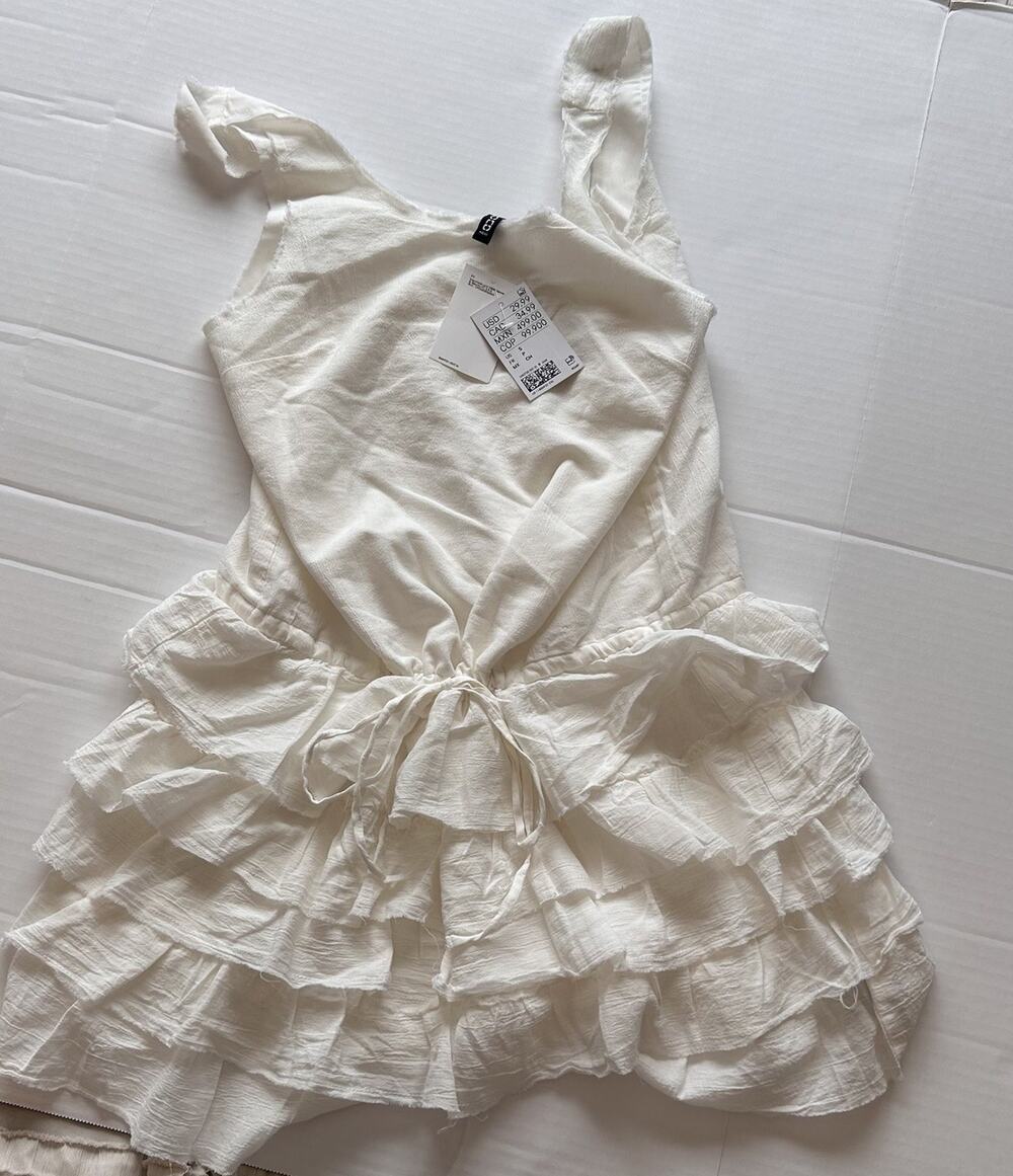 H&M White Cotton Ruffle Trim Mini Dress Womens S NWT Cottagecore Coquette